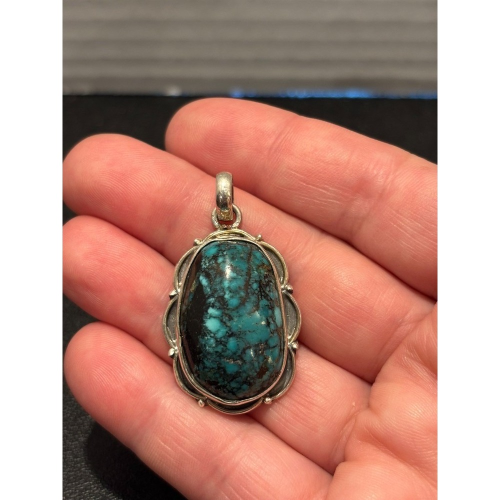 Sterling Silver 925 Spider Web Blue Turquoise Native Inspired Open‎ Back Pendant